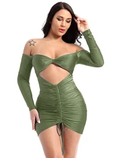 Women Ladies Off Shoulder Long Sleeve Hollow Out Bodycon Dress Ruched Club Mini Pencil Dress Army_Green M Women Ladies Off Shoulder Long Sleeve Hollow Out Bodycon Dress Ruched Club Mini Pencil Dress Army_Green M