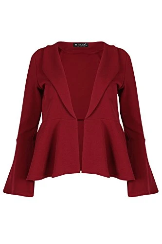 Women Ladies Open Front Peplum Ruffle Frill Bell Sleeve Blazer Coat Cardigan Top Wine