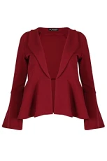 Women Ladies Open Front Peplum Ruffle Frill Bell Sleeve Blazer Coat Cardigan Top Wine