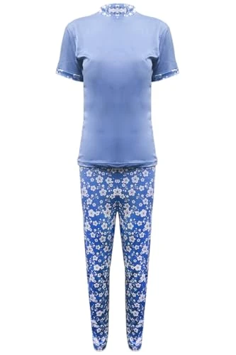 Women Ladies Plain Top and Floral Printed Jogger Nightwear Loungewear Co Ord Set Nightwear Set Blue Plus Size (US 20/22)