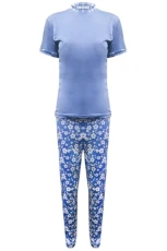 Women Ladies Plain Top and Floral Printed Jogger Nightwear Loungewear Co Ord Set Nightwear Set Blue Plus Size (US 20/22)