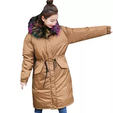 Women Ladies Quilted Bubble Puffer Fur Collar Hooded Jacket Thicken Warm Slim Parkas Long Coats(Brown ,L)
