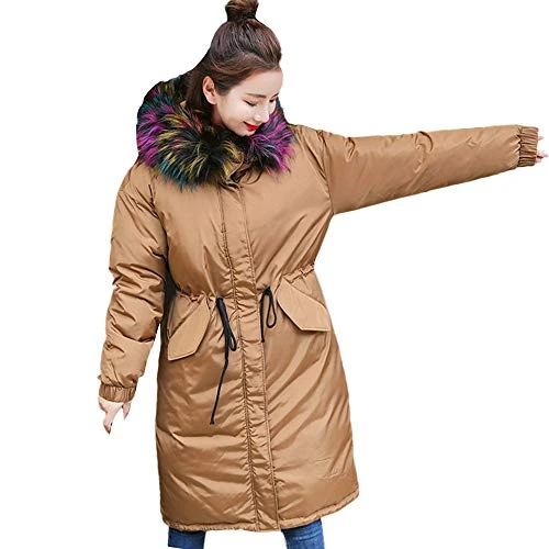 Women Ladies Quilted Bubble Puffer Fur Collar Hooded Jacket Thicken Warm Slim Parkas Long Coats(Brown ,L)