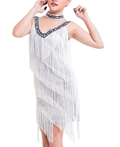 Women Ladies Sequins Flapper Tassel Cocktail Latin Party Dress Costume Dancing Performance One Size White