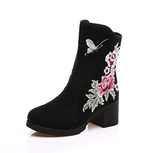 Women Lady Chinese Embroidery Vintage Side Zip Ankle Boots Short Booties (UK 3.5, Black)