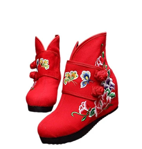 Women Lady Chinese Style Autumn Winter Embroidery Wedge Ankle Boots Canvas Shoes (EU 40, Red with wi