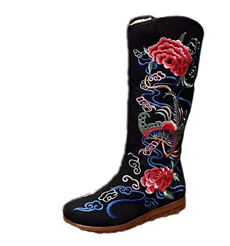 Women Lady Chinese Style Embroidery Comfort Flats Boots Casual Everyday High Boot (EU 37, Black)