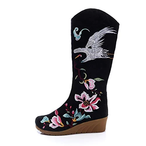 Women Lady Chinese Style Embroidery High Boot Comfort Casual Everyday Walking Shoes (UK 6.5, Black 1