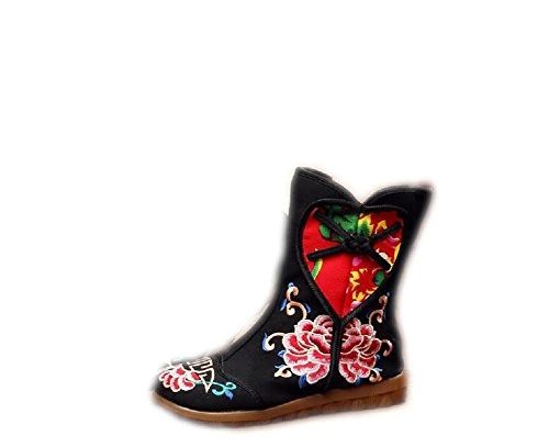 Women Lady Chinese Style Embroidery Platform Wedge Heel Canvas Ankle Boots (EU 35, Black)