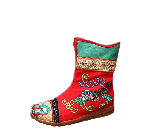 Women Lady Chinese Style Vintage Embroidery Ankle Boots (EU 35, Red)