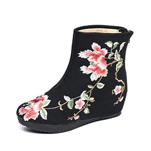 Women Lady Chinese Style Vintage Embroidery Wedges Cotton Boots (EU 36, Black)