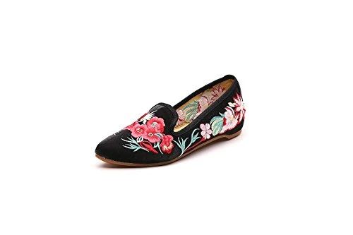 Women Lady Chinese Style Vintage Satin Slip On Loafers Party Dress Shoes (EU 37, Black)