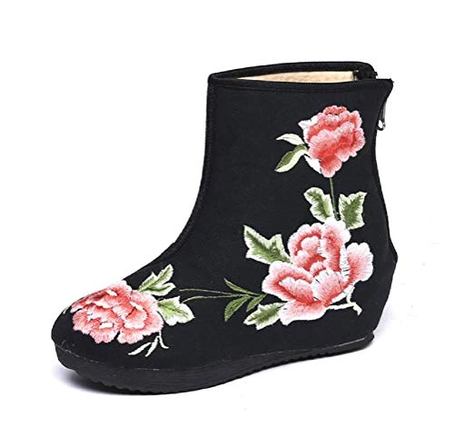 Women Lady Chinese Vintage Embroidery Casual Comfy Ankle Cotton Boots (UK 5.5, Black)