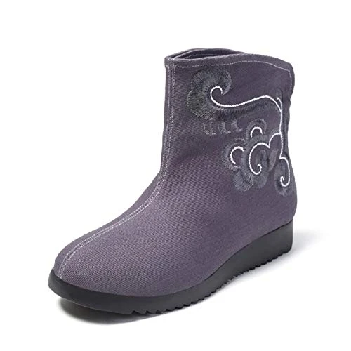 Women Lady Cotton Linen Embroidery Chinese Style Plus Velvet Warm Ankle Boots (UK 6, Deep Grey)