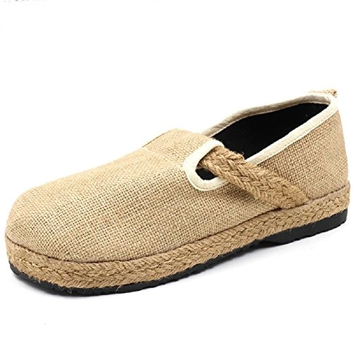 Women Lady Linen Blend Round Toe Slip-On Loafer Casual Flats (EU 38, Beige)