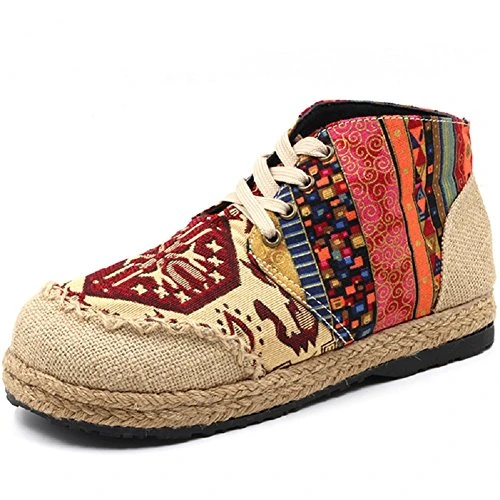 Women Lady Linen Embroidery Vintage Casual High Top Lace-Up Ankle Boots (EU 37, Red)