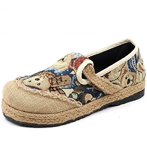 Women Lady Linen Round Toe Breathable Chinese Style Casual Slip-On Loafer Shoes (EU 40, Blue)