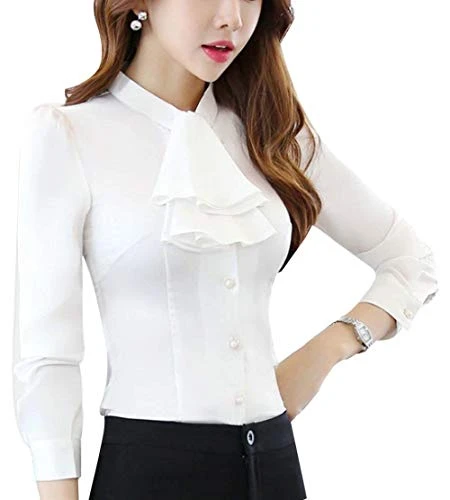 Women Lady Office Long Sleeve Tie Bow Neck Button Down Shirt Blouse Top (White, UK 14)