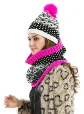 Women Lady Snow Flower Pattern Acrylic Knitted Wrap Collar Scarves Winter Hat Sets