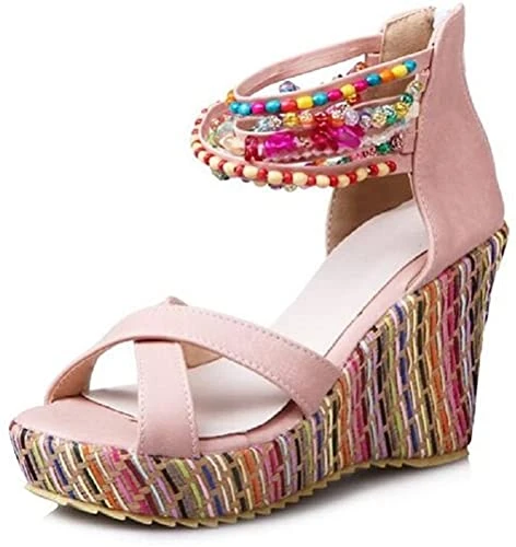 Women Lady Summer Bohemian Beads Ankle Strap Platform Wedges Casual Summer Sandals (EU 39, Pink)