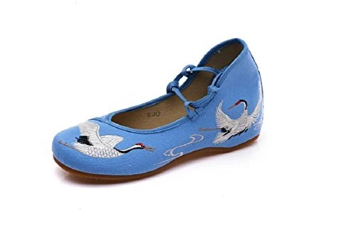 Women Lady Vintage Chinese Style Casual Embroidery Lace Up Party Dress Shoes (EU 37, Blue)