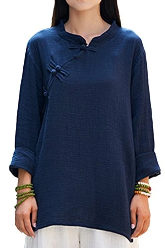 Women Lady Vintage Chinese Style Long Sleeve Linen Top Blouses with Split Sides (Blue)