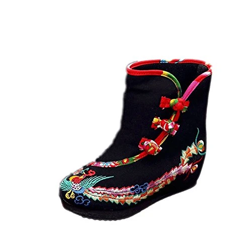 Women Lady Vintage Embroidery Chinese Style Casual Canvas Edge Heel Platform Ankle Boots (EU 39, Bla