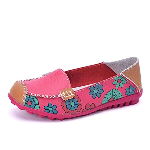 Women Lady Vintage Floral Print Driving Loafers PU Leather Slip On Flat Shoes (EU 41, Rose)