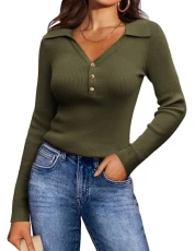 Women Lapel Collar Jumpers Sweater V Neck Long Sleeve Slim Fit Ribbed Shirts Office Wear Olive Green M