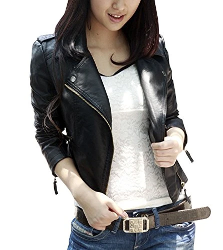Women Lapel Faux Leather Biker Jacket Classical Bomber Moto Jacket/Padded Coat M Black