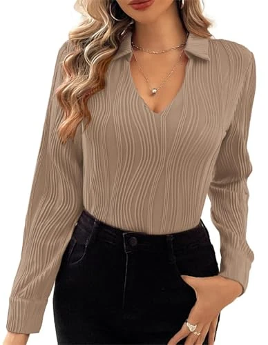 Women Lapel V Neck Blouse Elegant Long Sleeve Slim Fit Knit Basic Tops with Zip for Business Polos K