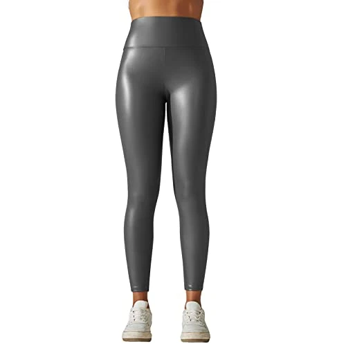 Women Leggings Metallic Faux Leather Sports Yoga High Waist Pants Nightclub Dance Tights Grey S