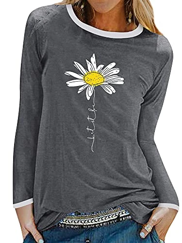 Women Let It Be T Shirt Daisy Flower Graphic Print Tshirts Crew Neck Long Sleeve Tops Pullover Blous