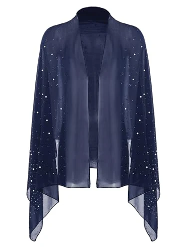 Women Lightweight Chiffon Scarf Sparkly Rhinestone Shawls and Wraps Shawls For Evening Party Dresses NavyBlue One Size