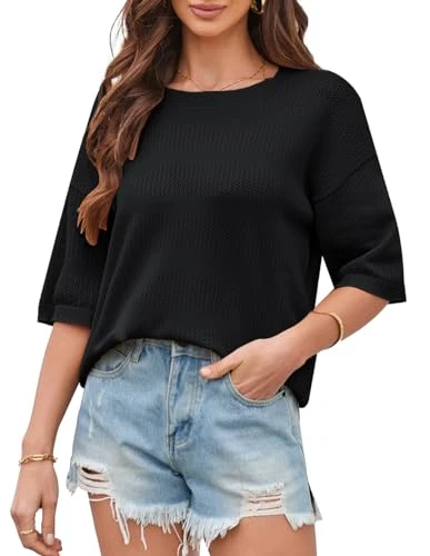 Women Lightweight Hollow Out Crochet Jumpers Oversized Loose Crew Neck Knitwear Black 2XL