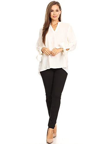 Women Linen Shirt Bow Tie Sleeves V Neck Loose Long Sleeve Blouse, White, Medium