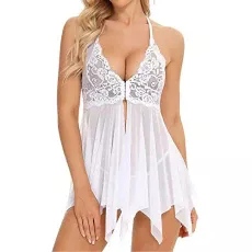 Women Lingerie Lace Babydoll Soft Strap Chemise V Neck Front Closure Mesh Sexy Chemise Lace Cup Sling Nightwear Boudoir Nighty Teddy Lingerie Ruffle Nightgown Sleepwear White