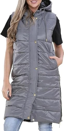 Women Long Line Hooded Puffer Gilet Sleeveless Padded Jacket, Ladies Winter Thick Lined Lightweight 