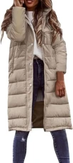 Women Long Quilted Coat Hooded Mid-Long Puffer Jacket Zip Up Button Down Padded Coat Winter Outerwear