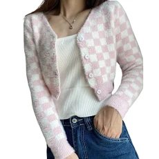 Women Long Sleeve Button Sweater Cardigan Plaid Pattern V-Neck Sweatshirt Casual Daily Fashion Gift Lady Pullover (Pink, S)