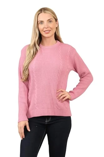 Women Long Sleeve Crew Neck Knitted Cable Jumper Lined Knited Women's Sweater Pull Over Ladies Top D Pink XS