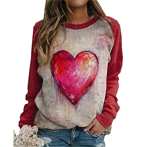 Women Long Sleeve Crewneck T Shirt Sweatshirt Heart and Stripe Printed Tops