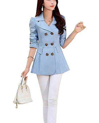 Women Long Sleeve Double Breasted Slim Fitted Jacket Trench Coat Lake Blue XL
