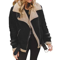 Women Long Sleeve Faux Fur Fleece Coat Outwear Ladies Lapel Biker Motor Aviator Jacket Coat