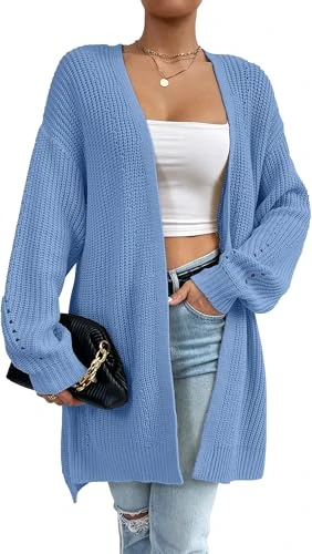 Women Long Sleeve Knitted Cardigan Casual Loose Outerwear Women’s Open Front Cardigans Soft Oversized Knitwear Lightweight Draped Sweater for Ladies Blue XL
