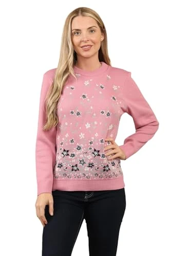 Women Long Sleeve Knitted Floral Crew Neck Jumper Ladies Jacquard Knit Sweater Pull Over Top D Pink M/L