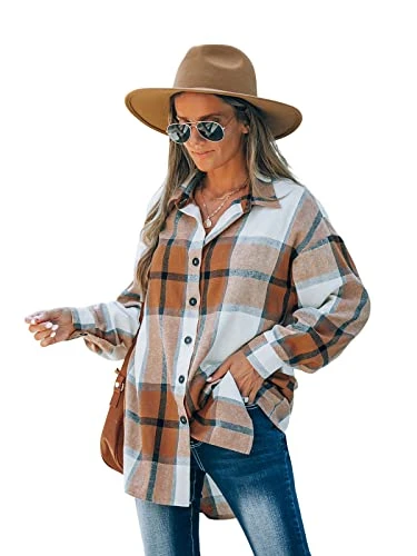 Women Long Sleeve Plaid Button Down Tops Casual V Neck Oversized Shirt Blouse Brown