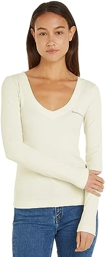 Women Long Sleeve Rib V-Neck Monologo Basic, White (Ivory), L