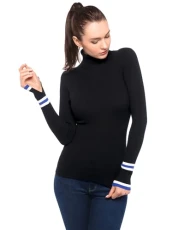 Women Long Sleeve Striped Split Cuff Turtleneck Ribbed Pullover Sweater, Black, X-Large