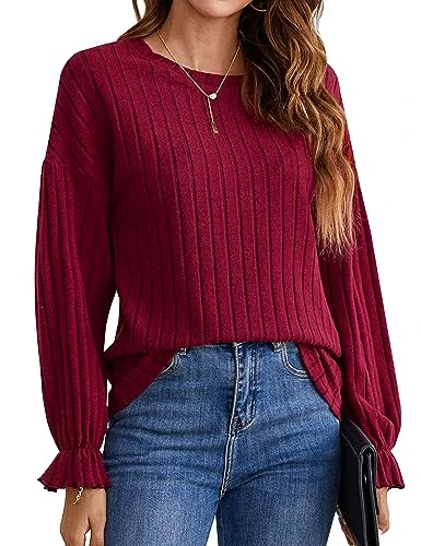 Women Long Sleeve Sweaters Lightweight Blouse Crew Neck Pullover Shirt Fall Knit Tops Clothes 2023, Red, XL